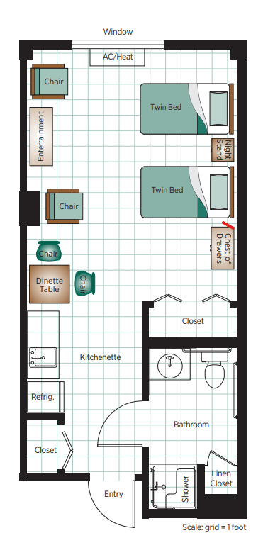 A floor plan of a studio apartment featuring a twin bed, kitchenette, and bathroom.