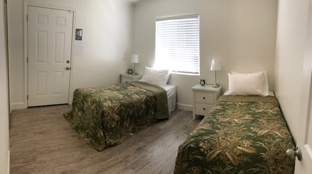 A cozy bedroom with two twin beds covered in tropical-themed bedspreads, complete with nightstands and lamps by the window.
