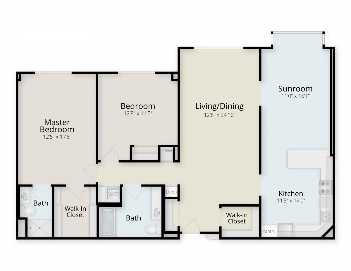 Floor plan of a two-bedroom apartment featuring a master bedroom, second bedroom, bath, kitchen, sunroom, living/dining area, and two walk-in closets.