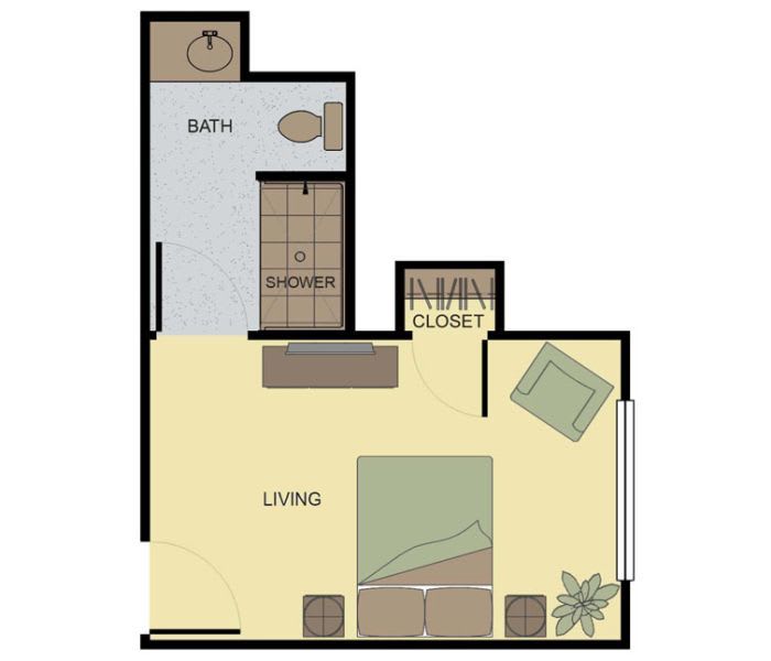 A floor plan of a studio apartment featuring a living area and bathroom.
