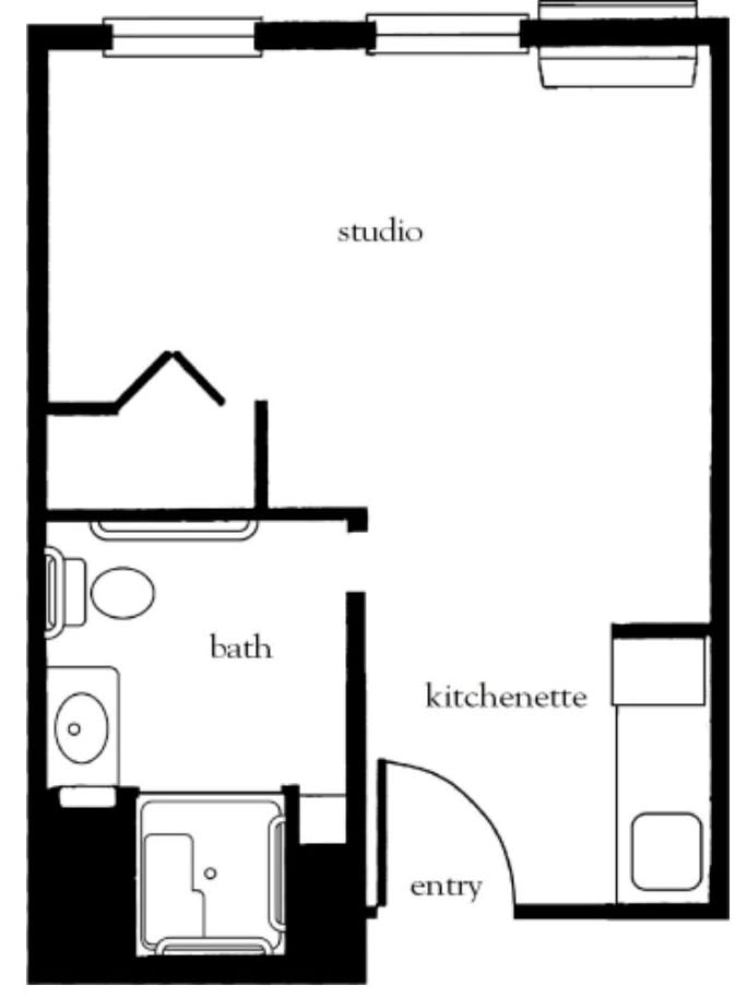 A floor plan of a studio apartment featuring a bathroom and kitchenette.