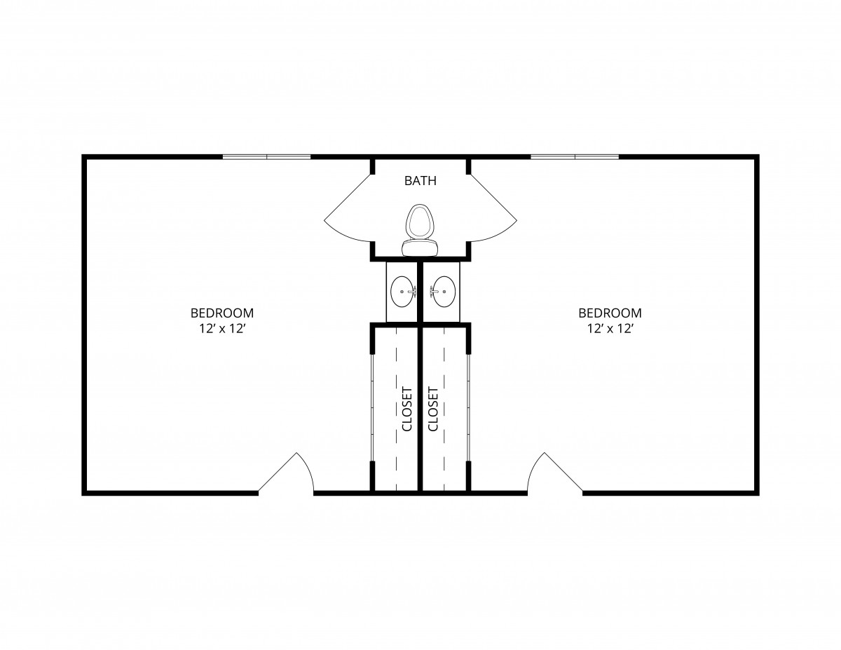 A floor plan showing two bedrooms with a shared bathroom in the center.