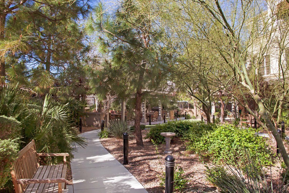 A serene garden pathway surrounded by lush greenery and trees.