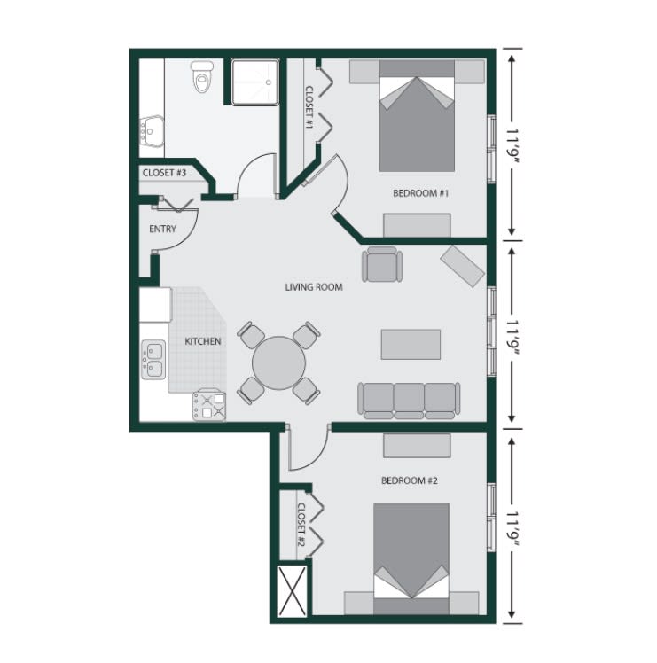 A floor plan depicting a two-bedroom apartment with a living area, kitchen, and bathroom.