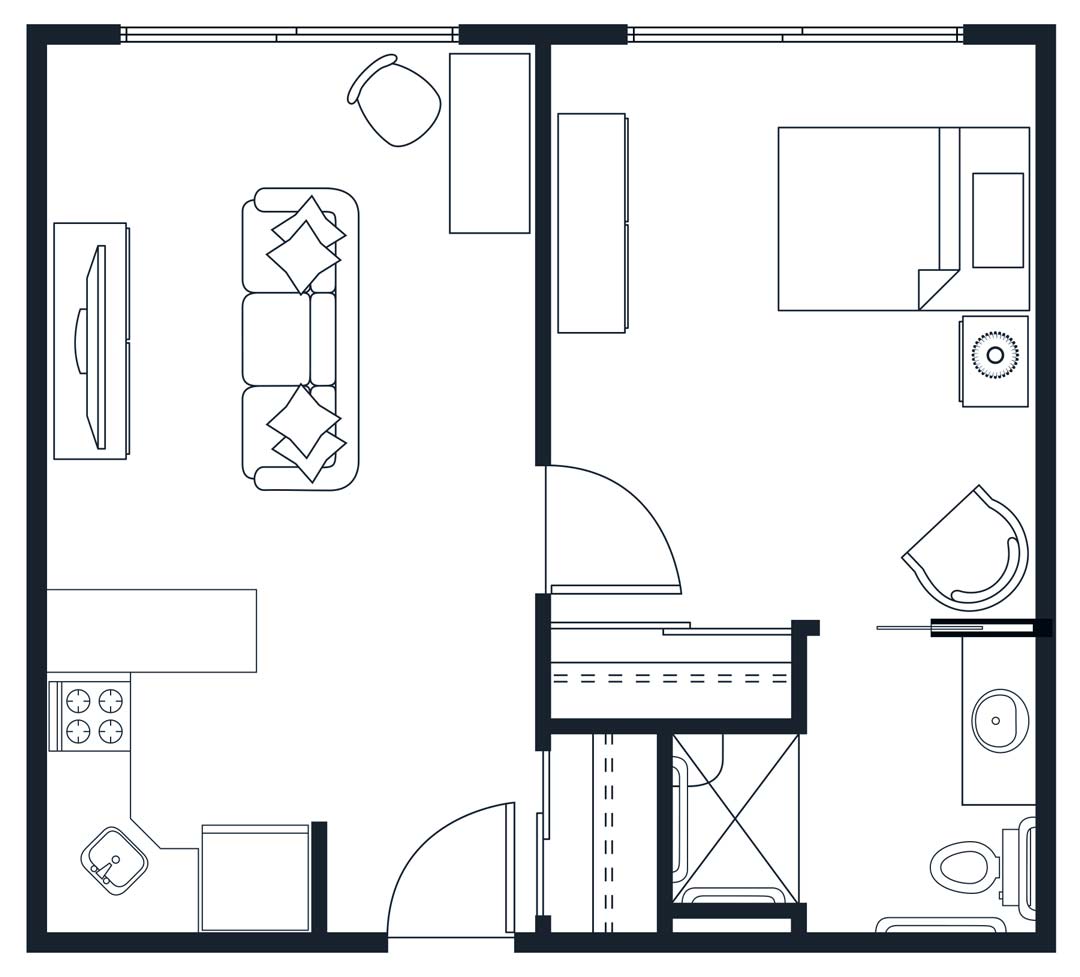 A floor plan of a one-bedroom apartment with a living room, kitchen, and bathroom.