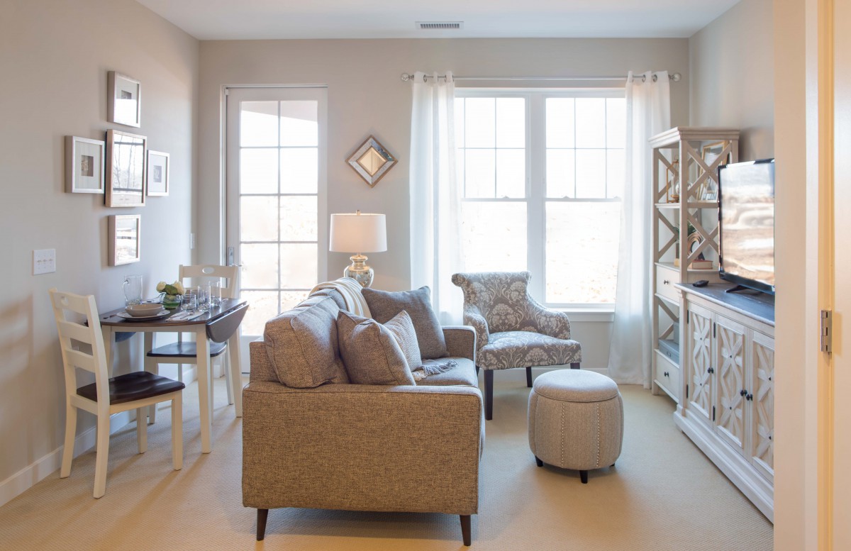 A cozy and well-lit living room with modern decor, featuring a comfortable sofa and armchair.