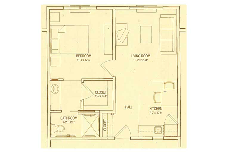 A detailed floor plan of an apartment featuring a bedroom, living room, kitchen, bathroom, and closet.