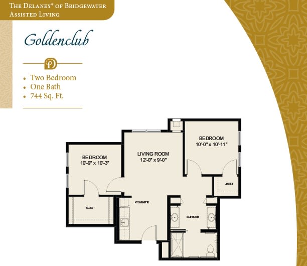 A floor plan of a two-bedroom, one-bath apartment with a living room and kitchen.