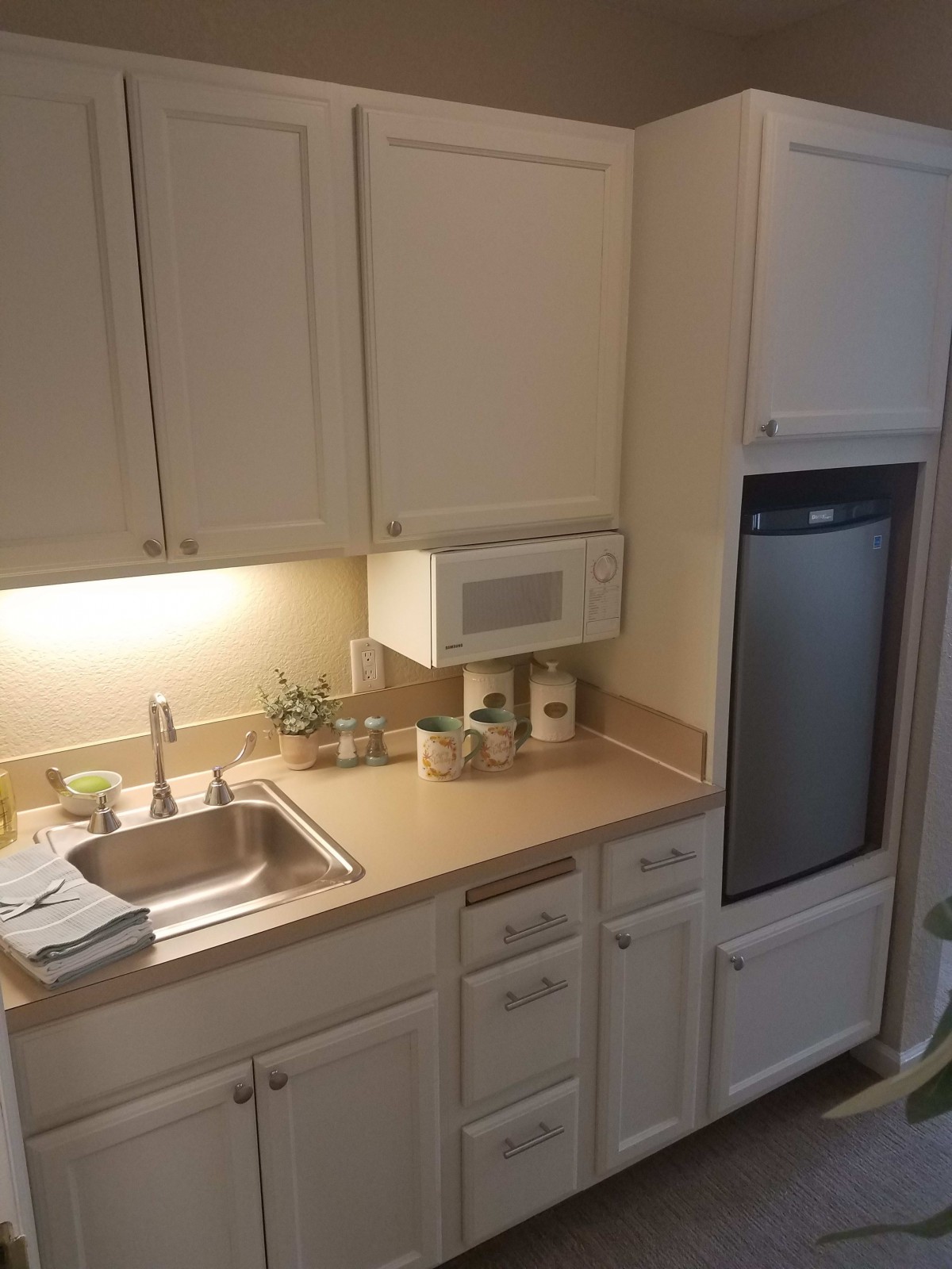 A compact kitchen area featuring a sink, countertop, overhead cabinets, and built-in appliances.