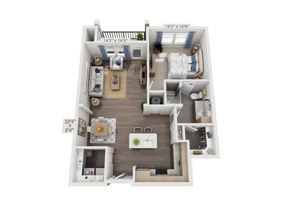 3D floor plan of a modern one-bedroom apartment with an open-concept living area.