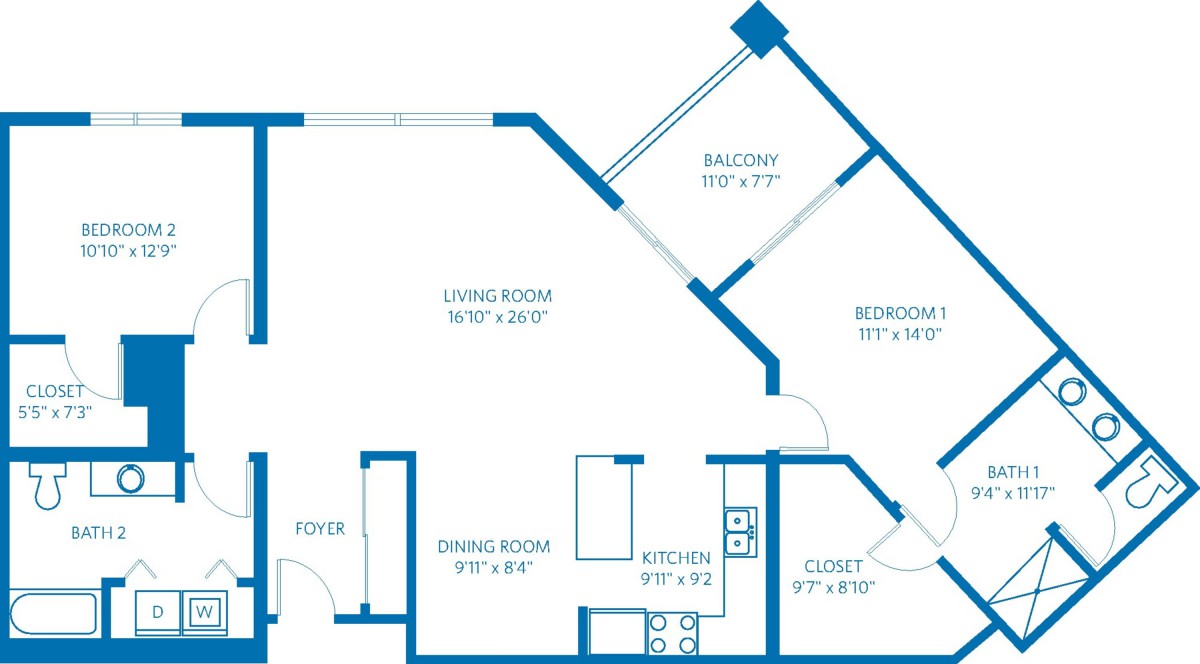 Floor plan of a one-bedroom apartment with labeled living room, bedroom, kitchen, dining room, and balcony.