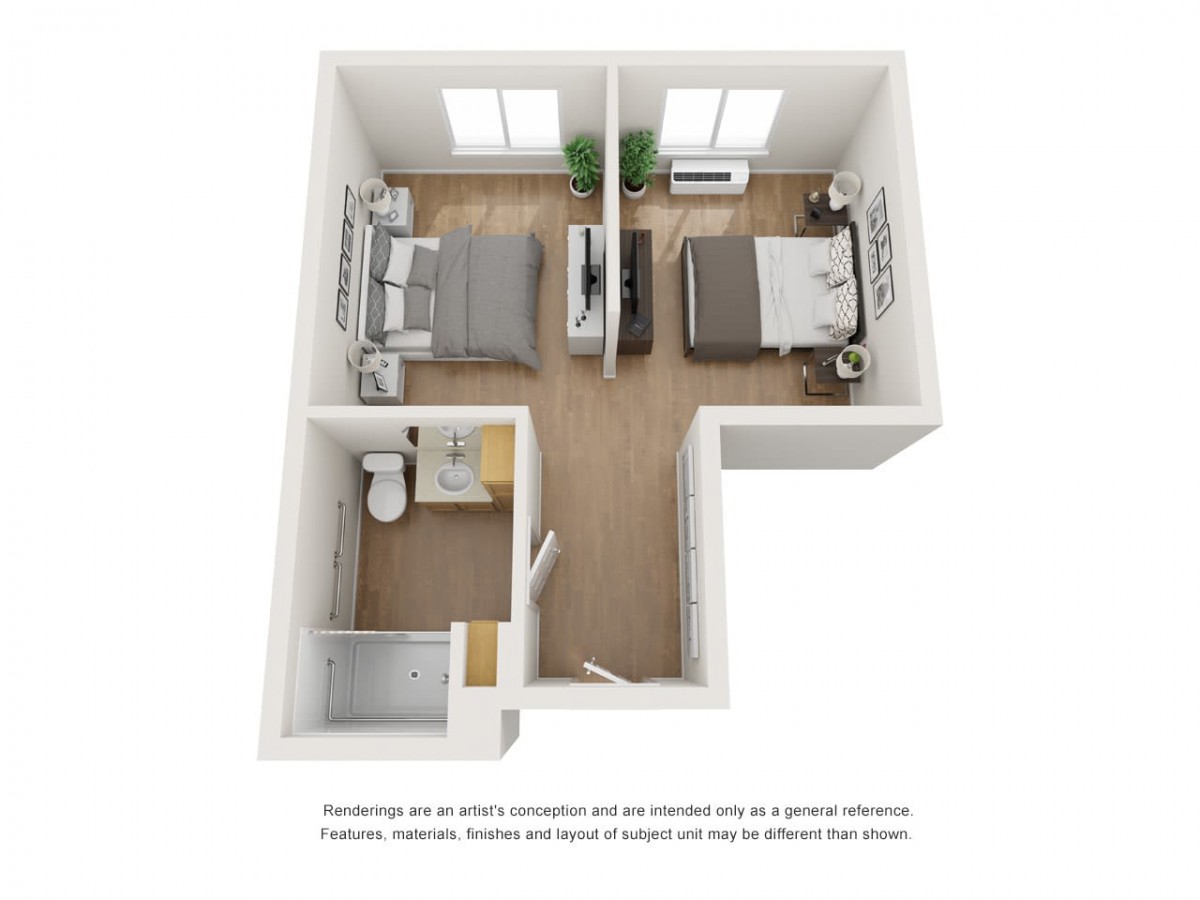 A 3D floor plan of a two-bedroom apartment featuring a shared bathroom and living space.
