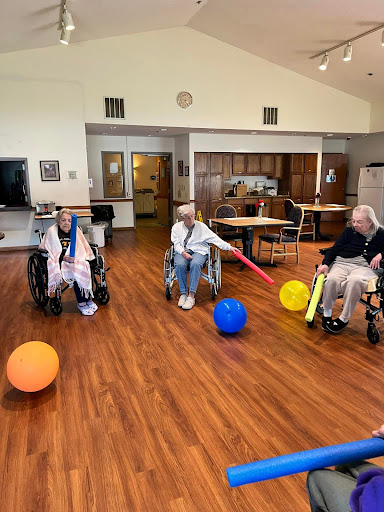Elderly residents engage in a playful activity using colorful balls in a rehabilitation setting.