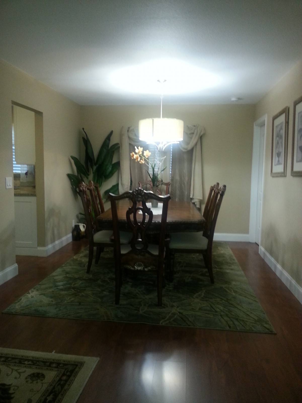 A well-lit dining room featuring a wooden table set, surrounded by chairs, adorned with a chandelier and indoor plants.
