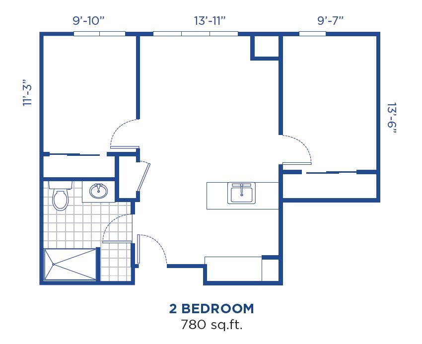 A floor plan for a two-bedroom apartment with a total area of 780 square feet.