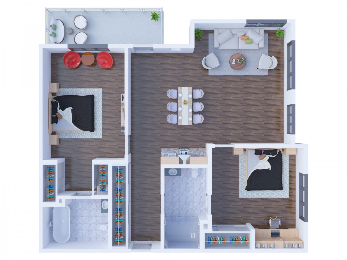 A detailed floor plan of a two-bedroom apartment featuring a kitchen, bathroom, living room, and dining area.