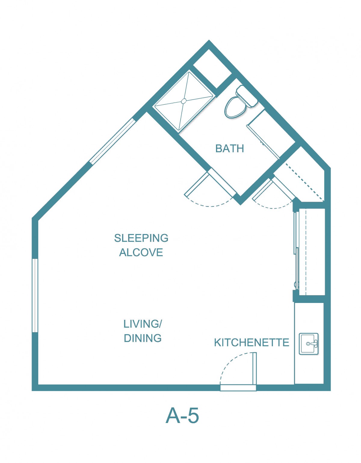 Studio apartment floor plan featuring a sleeping alcove, living/dining area, kitchenette, and bathroom.