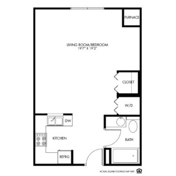 Studio apartment floor plan with kitchen and bathroom layout.