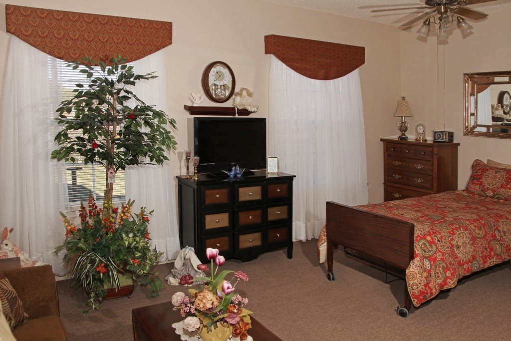 A cozy bedroom featuring a bed, television, and dresser with decorative plants.
