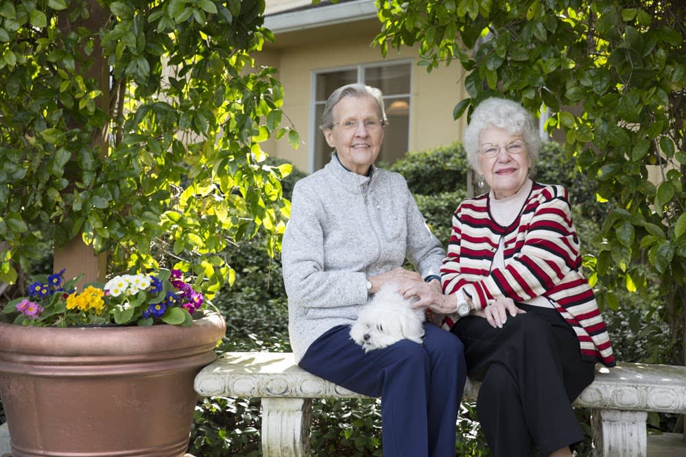 Two elderly women sitting on a bench in a garden, holding a small dog.