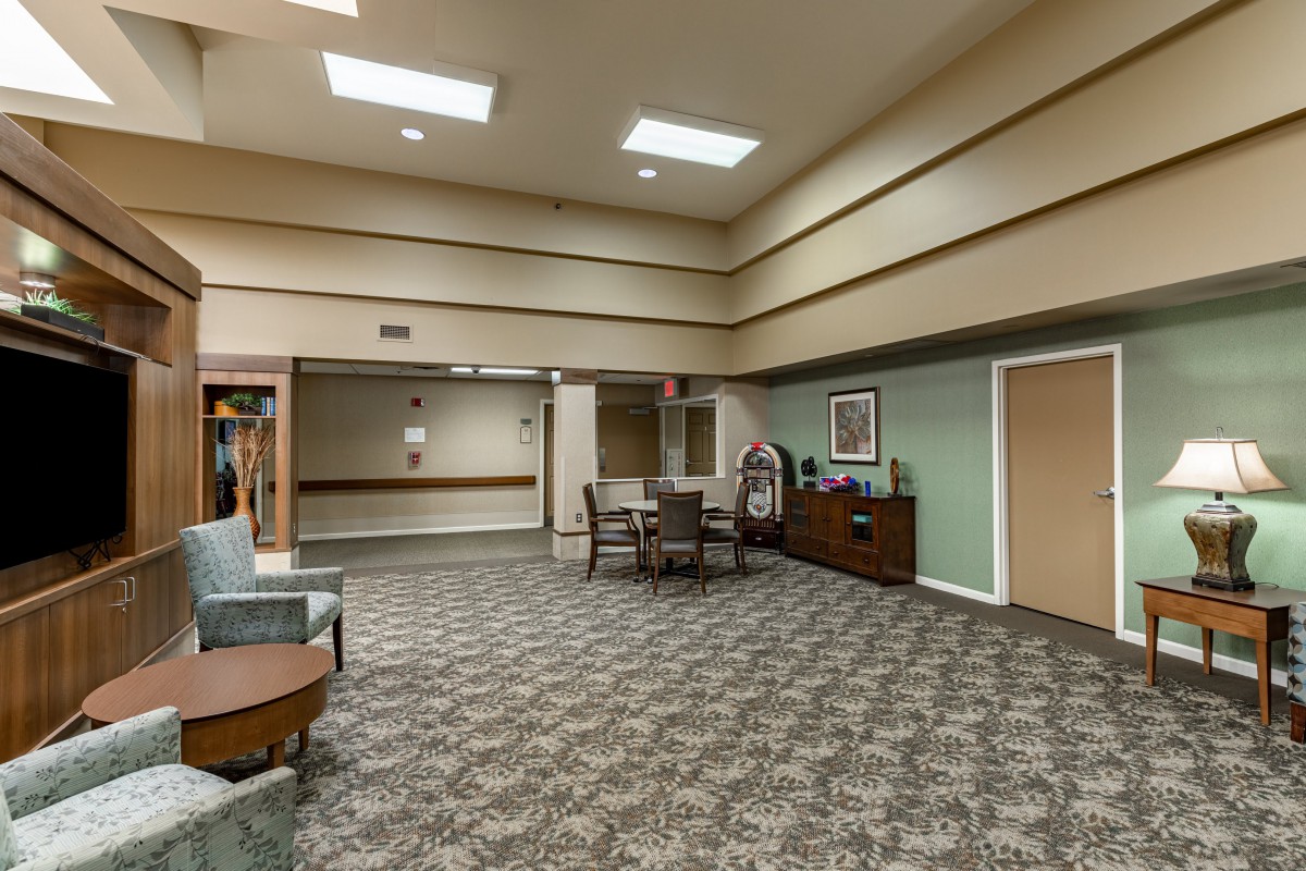 A spacious lobby with comfortable seating and well-lit surroundings.