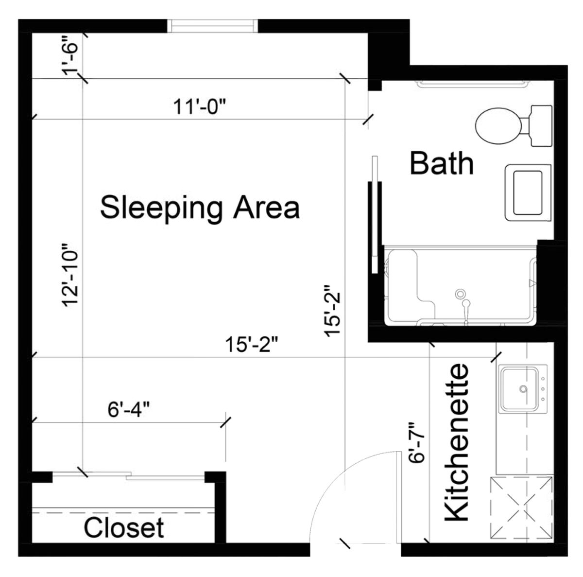 A floor plan of a studio apartment featuring a sleeping area, kitchenette, bath, and closet.