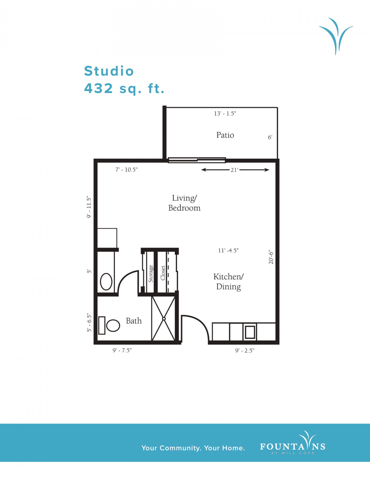 A floor plan of a 432 sq. ft. studio apartment, showing the layout of living and kitchen areas.