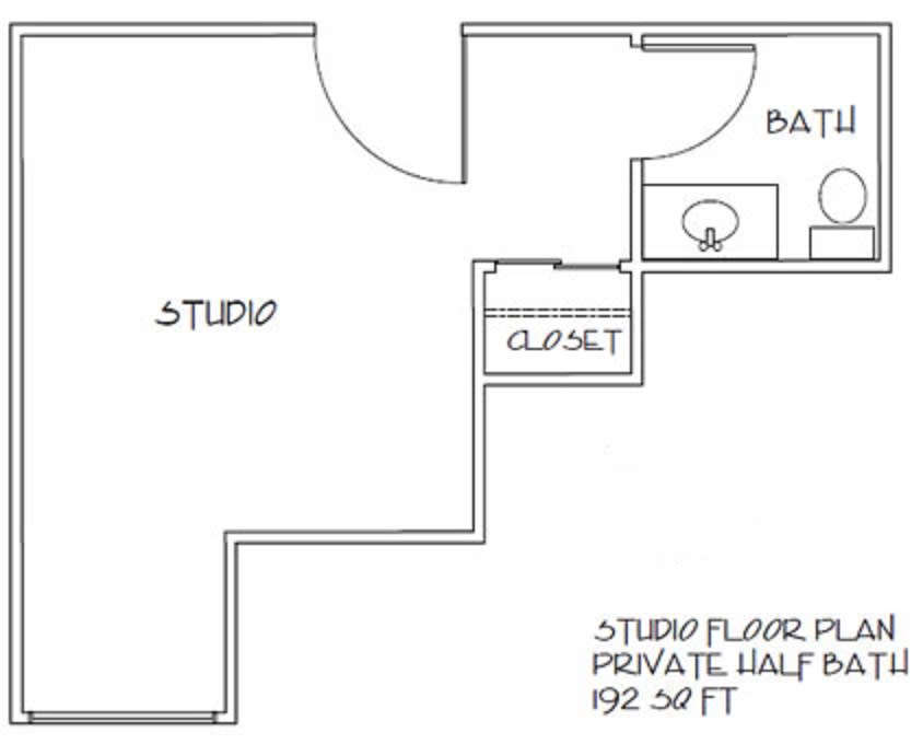 Studio apartment floor plan with a private half bath and closet.