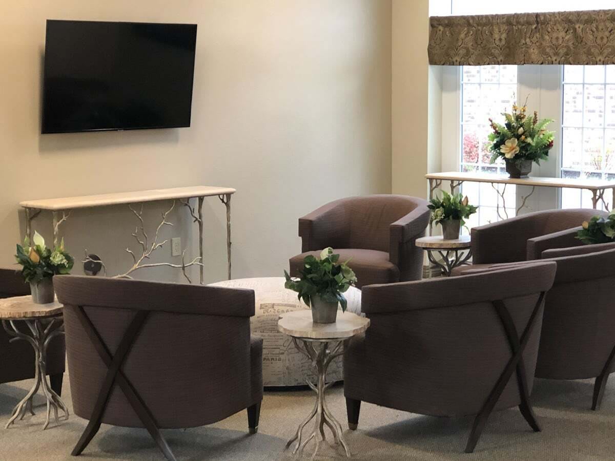 A cozy living room setup with contemporary chairs, a television, and decorative plants.