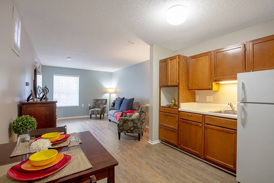 A cozy apartment with an open-plan layout featuring a living room, kitchen, and dining area.
