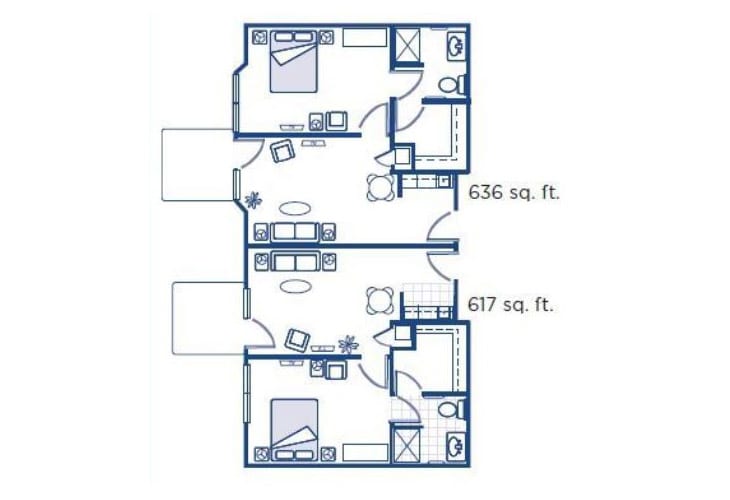 Blueprint of a two-unit apartment design showing rooms and dimensions.