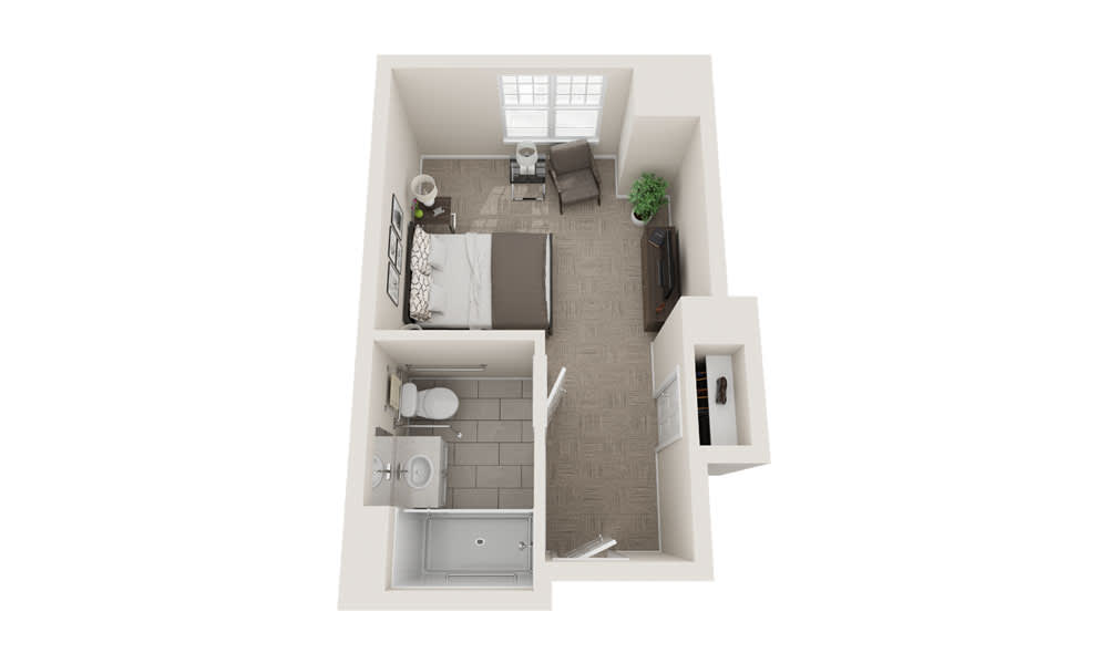 A 3D floor plan of a small apartment featuring a bedroom and bathroom.