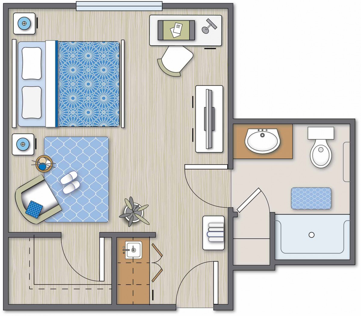 Illustrated one-bedroom apartment floor plan with a bathroom and living area.