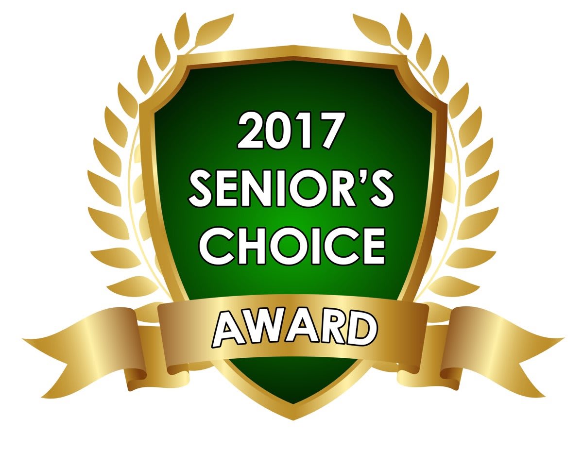 A 2017 Senior's Choice Award emblem featuring a green shield with gold laurel leaves.