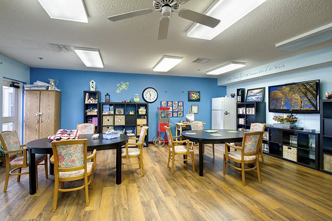 A well-organized classroom with tables, chairs, and bookshelves against a blue wall.