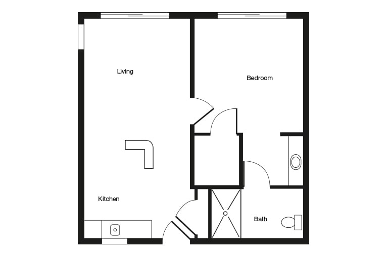 A floor plan of a one-bedroom apartment including living area, kitchen, bedroom, and bathroom.