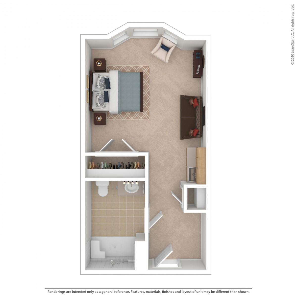 Studio apartment floor plan with furniture layout.