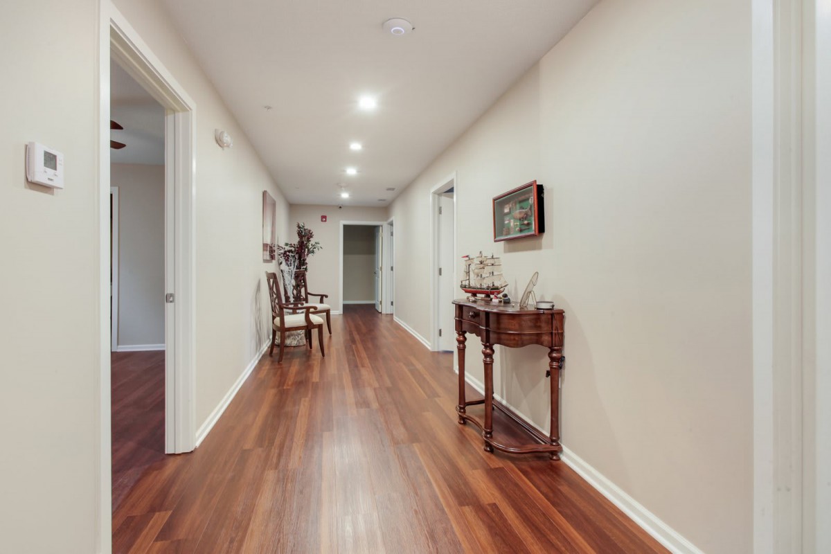 Elegant hallway with wooden flooring and sophisticated decor.