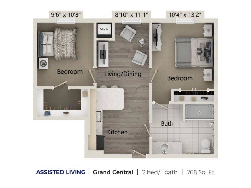 Floor plan of a two-bedroom assisted living apartment.
