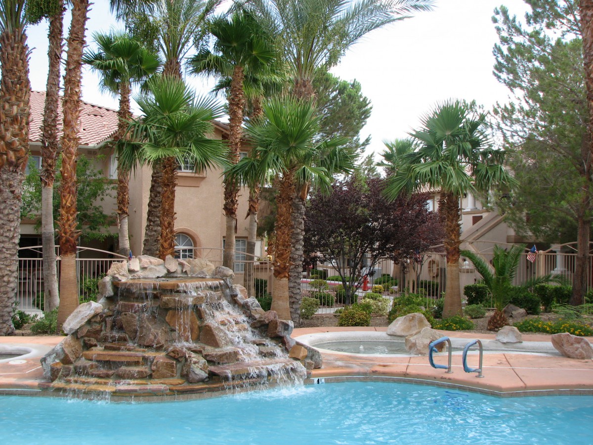 A serene resort pool surrounded by palm trees and featuring a decorative waterfall.
