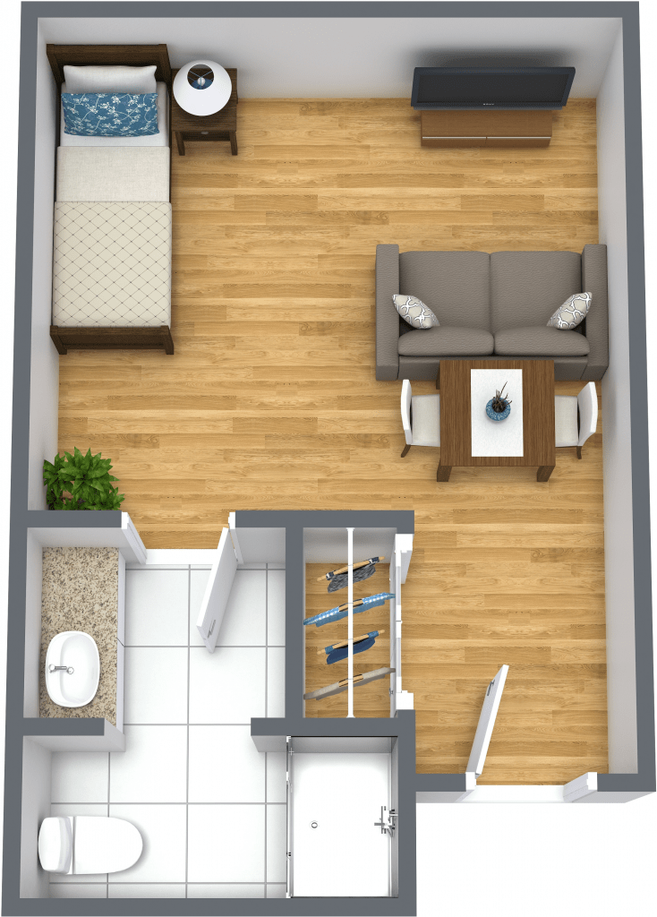 A 3D floor plan of a one-bedroom apartment, featuring a living room, bedroom, kitchen area, and bathroom.
