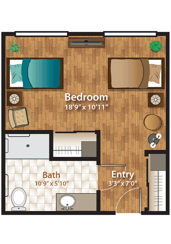 A floor plan showing a bedroom, bathroom, and entryway with furniture layout.