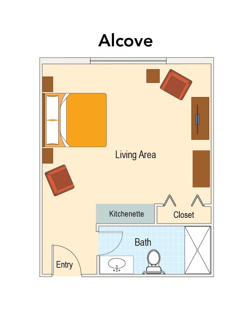 Floor plan of an alcove studio apartment featuring a living area, kitchenette, and bathroom.