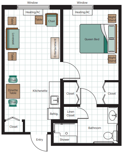 A floor plan of a one-bedroom apartment, featuring a living room, kitchen, bathroom, and bedroom.