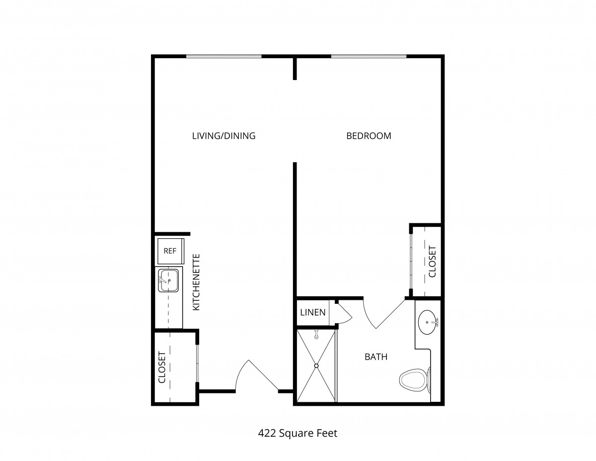 A simple floor plan of a one-bedroom apartment with a living room, kitchen, bathroom, and closet.