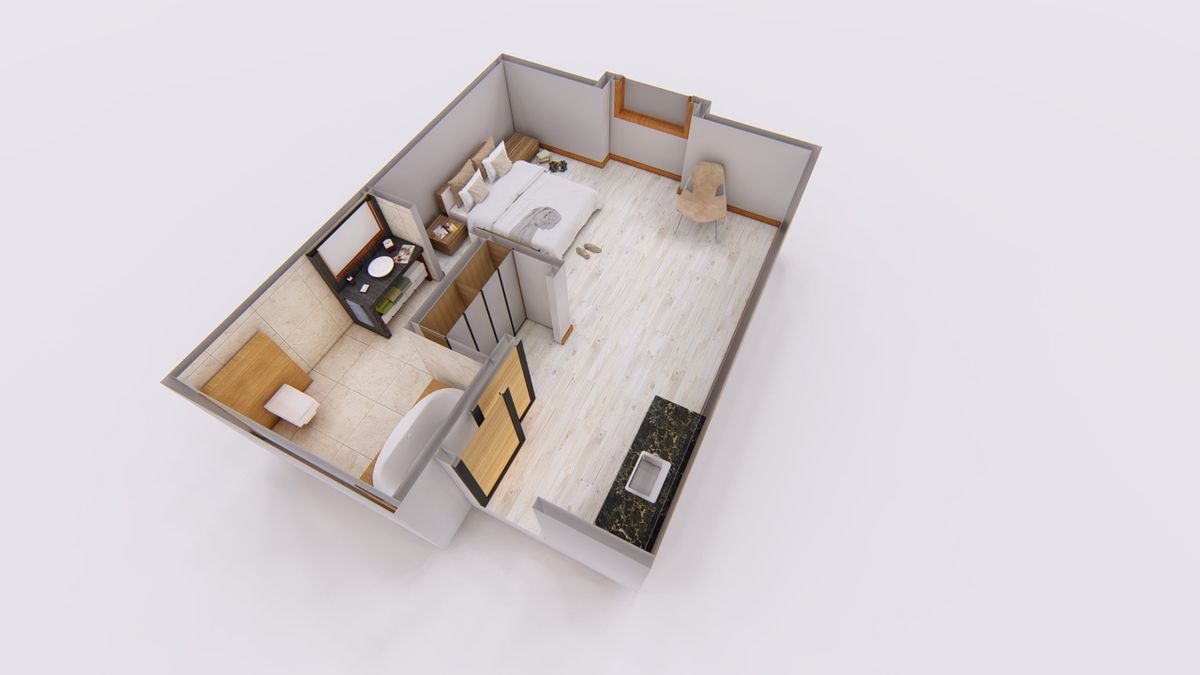 A 3D rendered floor plan showcasing the layout of an apartment, complete with kitchen, living area, and bathroom.