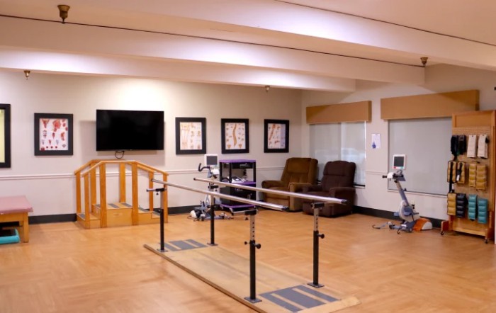 A rehabilitation room equipped with parallel bars for physical therapy exercises.