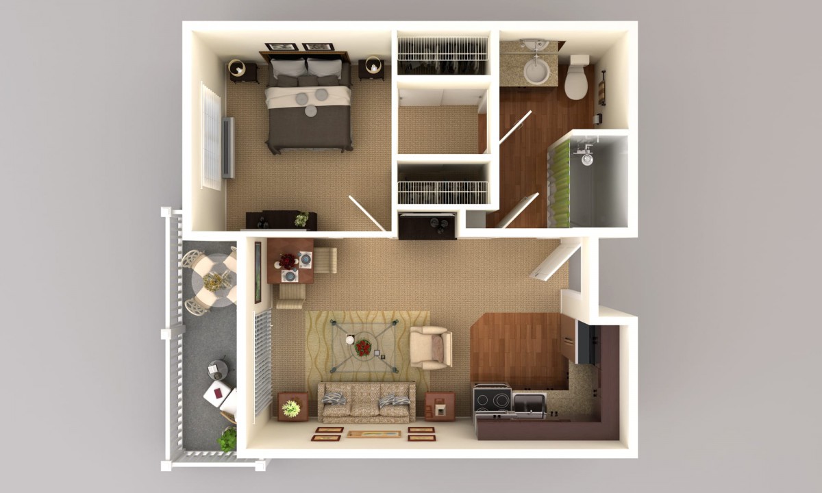 A one-bedroom apartment floor plan featuring a living room, kitchen, bathroom, and balcony.