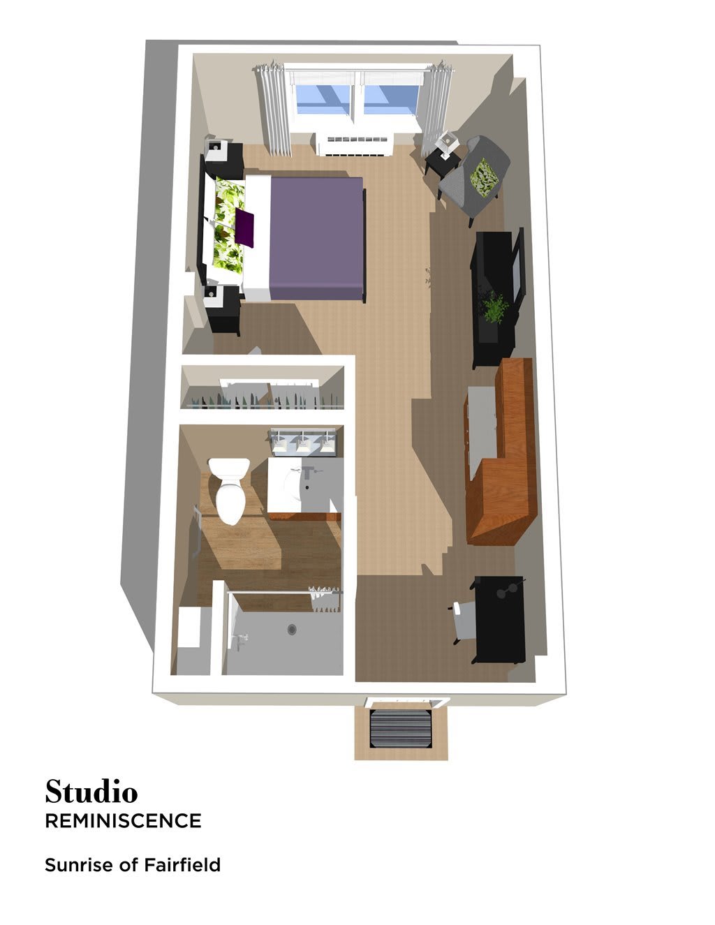 3D floor plan of a compact studio apartment layout.