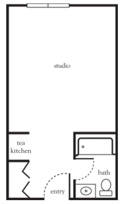 A simple floor plan of a studio with a tea kitchen and bathroom.